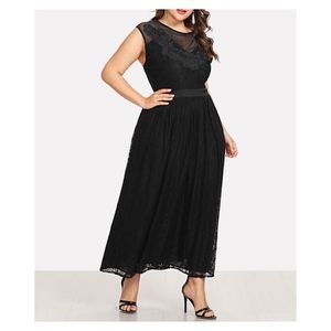 Black Sleeveless Mesh Panel Lace Maxi Dress